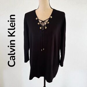 Calvin Klein-Women’s rayon sweater. Black. Tie neckline w/gold CK grommets. EUC!